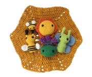 Nature toys - pollinator play set - Crocheted amigurumi sun, bees, butterfly and lavender plant on a yellow hexagonal play mat and carry case