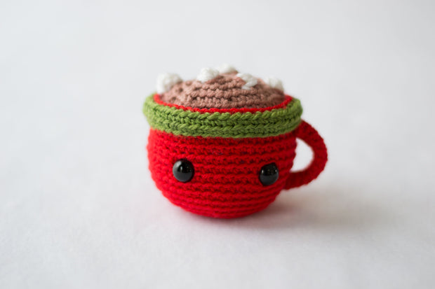 custom plush toys - crocheted mug of hot chocolate with marshmallows on a white background