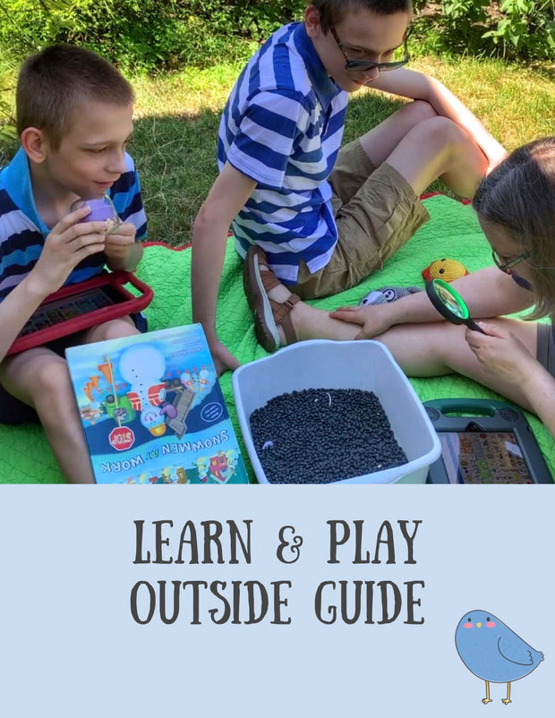 Outside play - front cover of Learn and Play Outside Guide includes picture of two teen boys and mother doing a moon landing activity outside